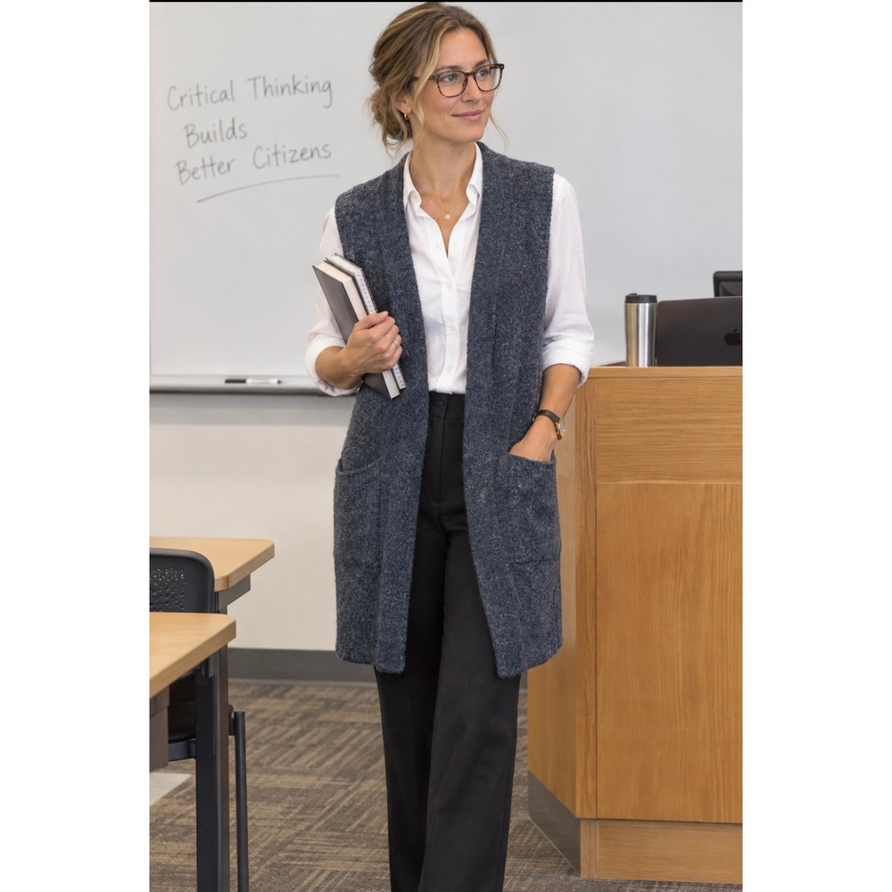 Najia Symbol Womens Heathered Navy Blue Ribbed Open Front Longline Sweater Vest